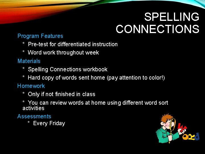 SPELLING CONNECTIONS Program Features * Pre-test for differentiated instruction * Word work throughout week