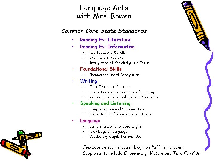 Language Arts with Mrs. Bowen Common Core State Standards • • • Reading For