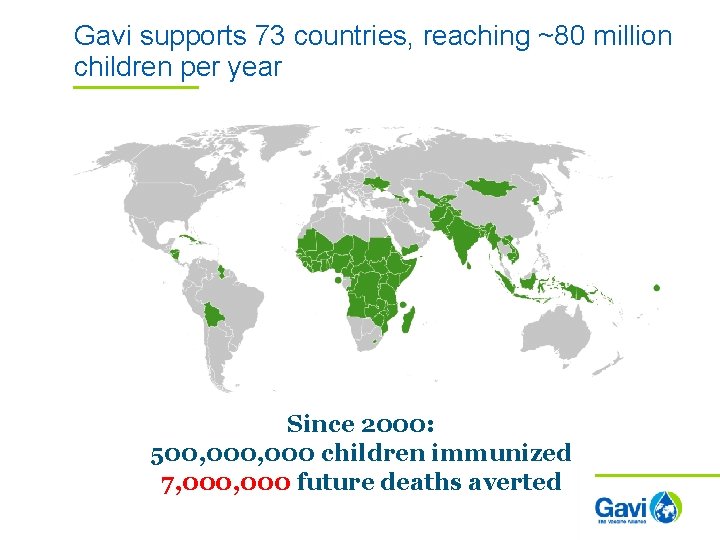 Gavi supports 73 countries, reaching ~80 million children per year Since 2000: 500, 000