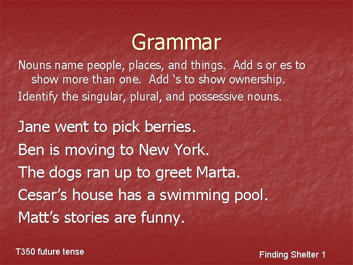Grammar Nouns name people, places, and things. Add s or es to show more