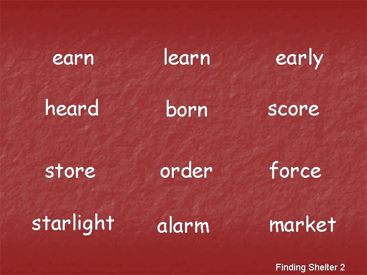 earn learn early heard born score store order force starlight alarm market Finding Shelter