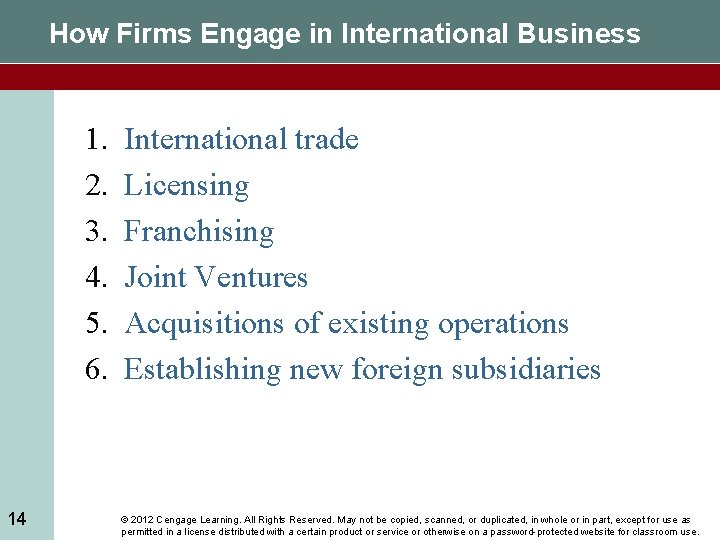 How Firms Engage in International Business 1. 2. 3. 4. 5. 6. 14 International