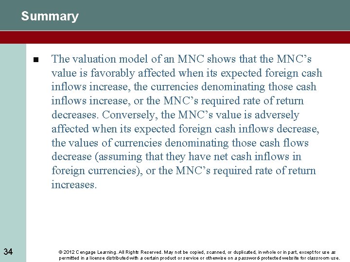 Summary n 34 The valuation model of an MNC shows that the MNC’s value