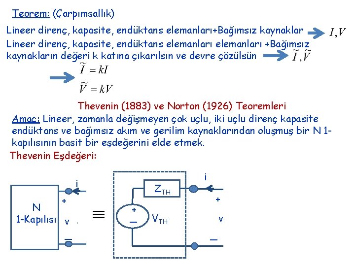 Teorem: (Çarpımsallık) Lineer direnç, kapasite, endüktans elemanları+Bağımsız kaynaklar Lineer direnç, kapasite, endüktans elemanları +Bağımsız