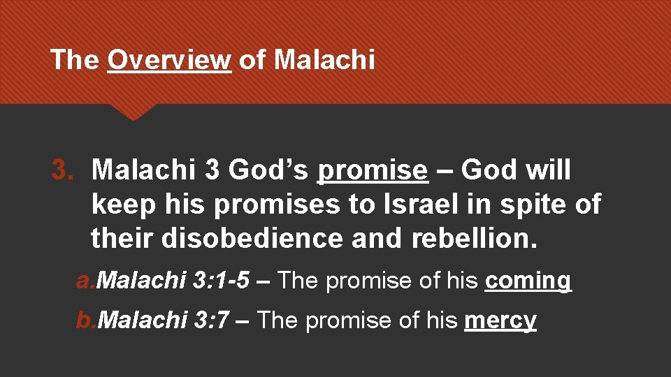 The Overview of Malachi 3. Malachi 3 God’s promise – God will keep his