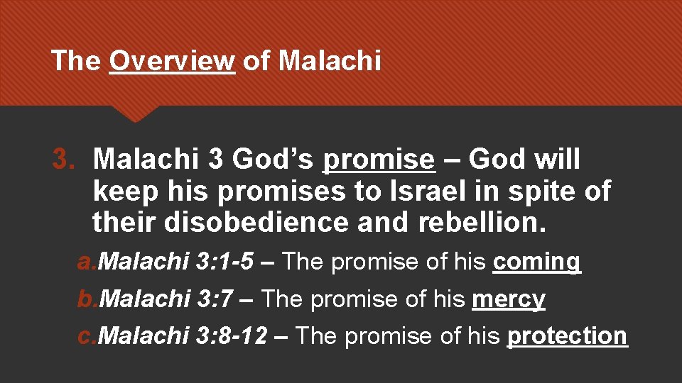 The Overview of Malachi 3. Malachi 3 God’s promise – God will keep his