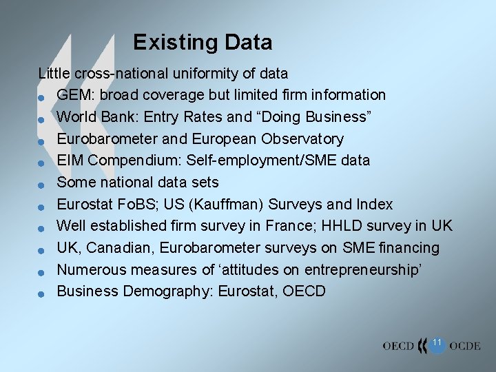 Existing Data Little cross-national uniformity of data n GEM: broad coverage but limited firm