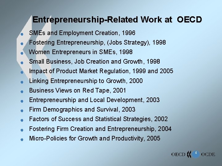 Entrepreneurship-Related Work at OECD n SMEs and Employment Creation, 1996 n Fostering Entrepreneurship, (Jobs