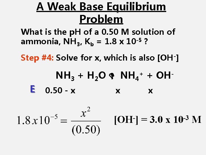 A Weak Base Equilibrium Problem What is the p. H of a 0. 50