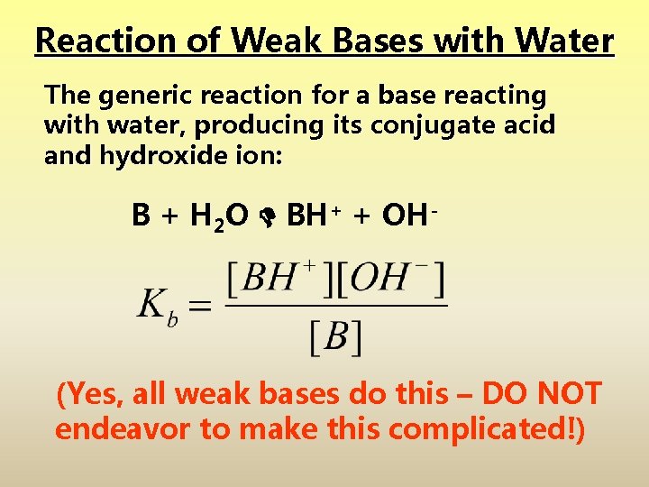 Reaction of Weak Bases with Water The generic reaction for a base reacting with