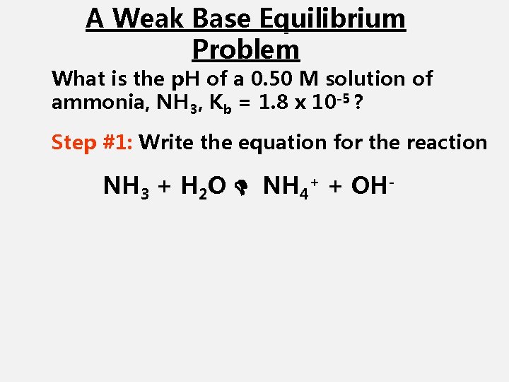 A Weak Base Equilibrium Problem What is the p. H of a 0. 50