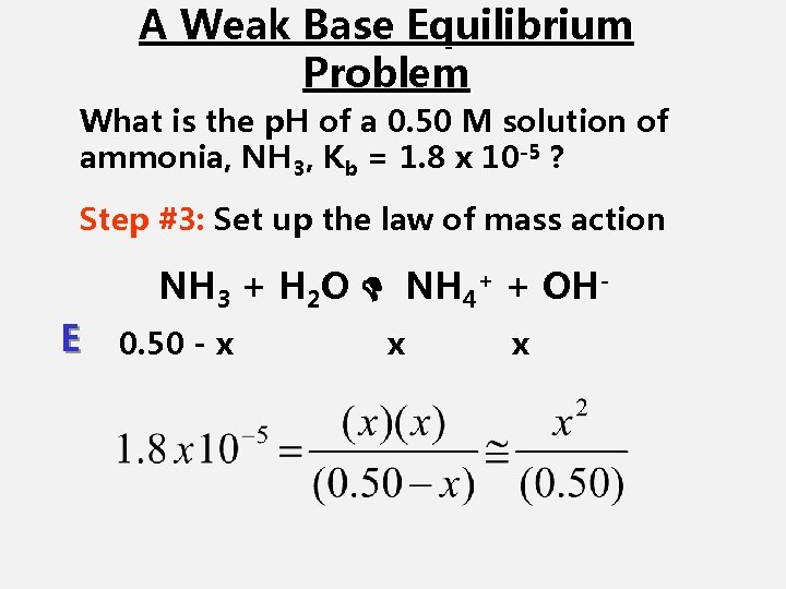 A Weak Base Equilibrium Problem What is the p. H of a 0. 50