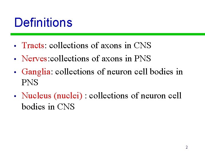 Definitions • • Tracts: collections of axons in CNS Nerves: collections of axons in