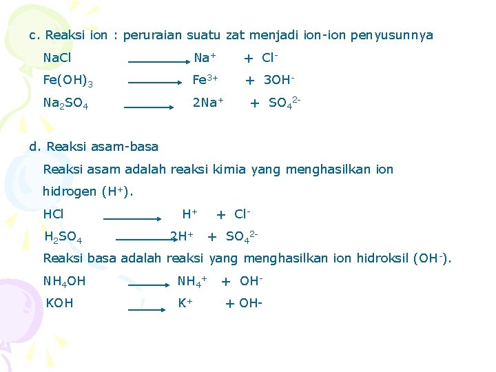 c. Reaksi ion : peruraian suatu zat menjadi ion-ion penyusunnya Na. Cl Na+ +