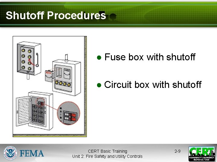 Shutoff Procedures ● Fuse box with shutoff ● Circuit box with shutoff CERT Basic