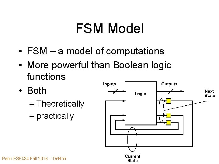 FSM Model • FSM – a model of computations • More powerful than Boolean
