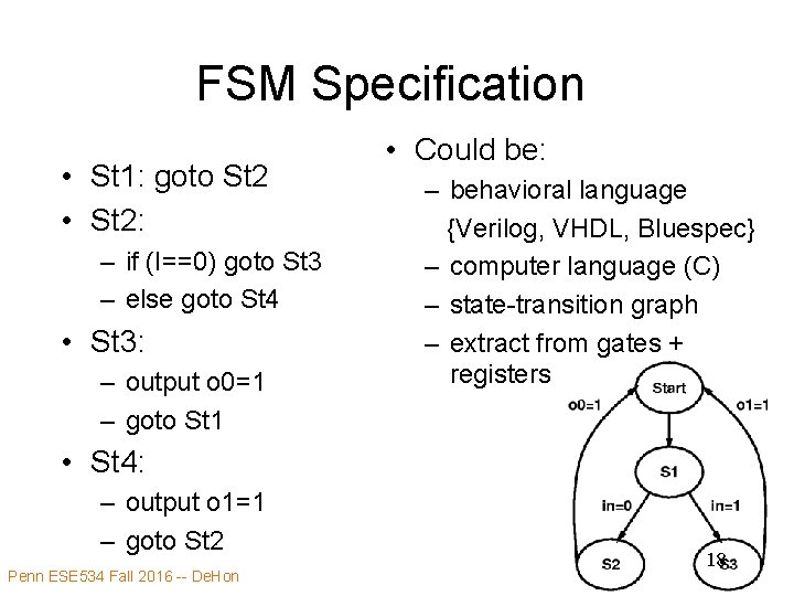 FSM Specification • St 1: goto St 2 • St 2: – if (I==0)