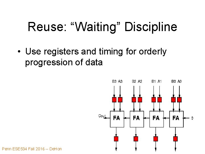 Reuse: “Waiting” Discipline • Use registers and timing for orderly progression of data Penn