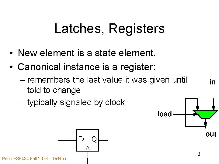 Latches, Registers • New element is a state element. • Canonical instance is a