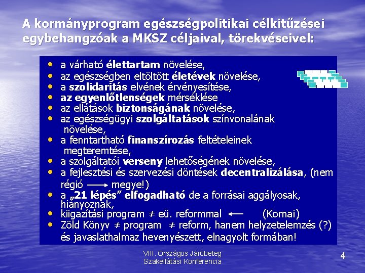 A kormányprogram egészségpolitikai célkitűzései egybehangzóak a MKSZ céljaival, törekvéseivel: • • • a várható