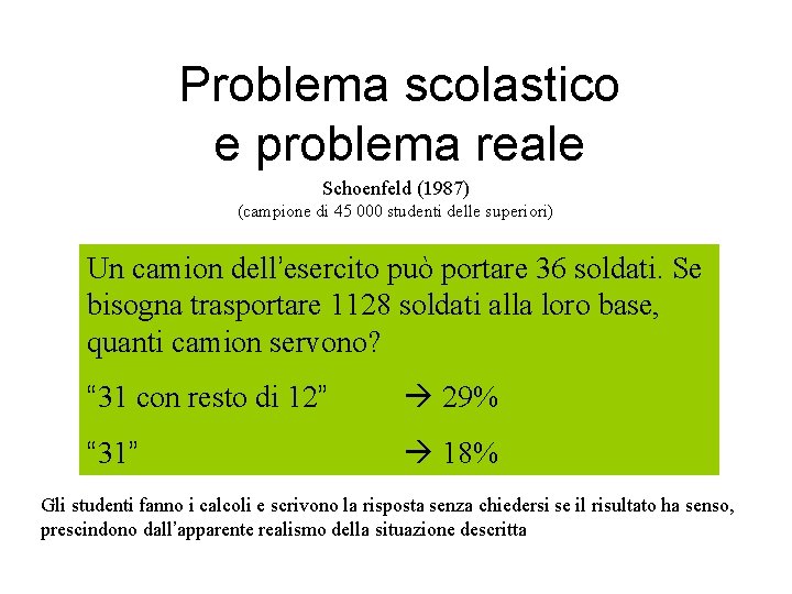 Problema scolastico e problema reale Schoenfeld (1987) (campione di 45 000 studenti delle superiori)