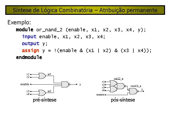 Síntese de Lógica Combinatória – Atribuição permanente Exemplo: module or_nand_2 (enable, x 1, x