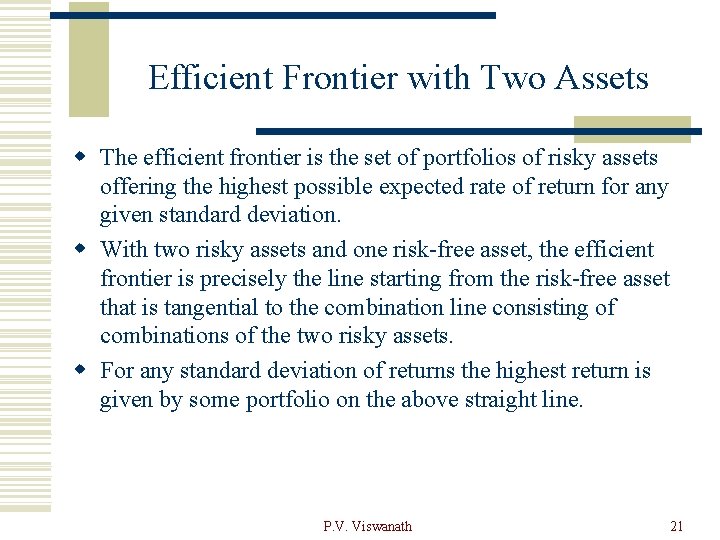 Efficient Frontier with Two Assets w The efficient frontier is the set of portfolios
