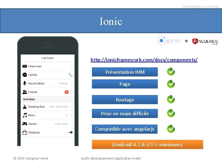 Technologie pour la View Ionic http: //ionicframework. com/docs/components/ Présentation IHM Page Routage Prise en