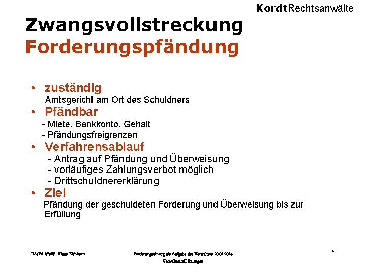 Zwangsvollstreckung Forderungspfändung Kordt. Rechtsanwälte • zuständig Amtsgericht am Ort des Schuldners • Pfändbar -