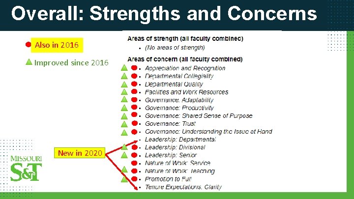 Overall: Strengths and Concerns Also in 2016 Improved since 2016 New in 2020 