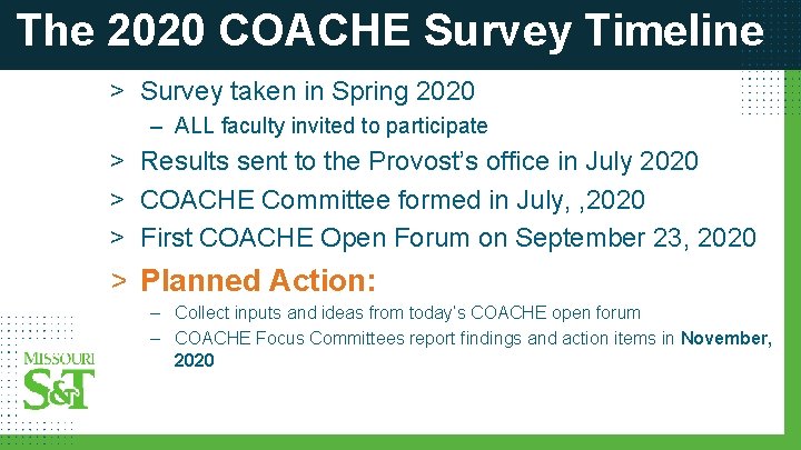 The 2020 COACHE Survey Timeline > Survey taken in Spring 2020 – ALL faculty