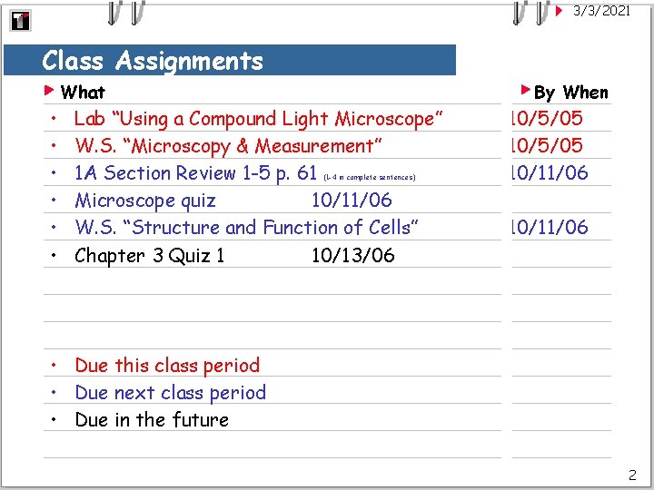 3/3/2021 Class Assignments What • • • By When Lab “Using a Compound Light