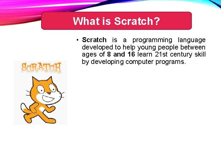 What is Scratch? • Scratch is a programming language developed to help young people