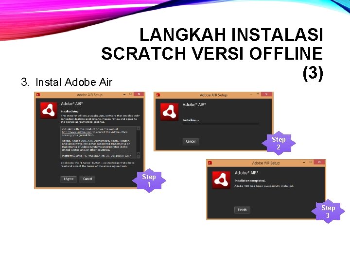 3. LANGKAH INSTALASI SCRATCH VERSI OFFLINE (3) Instal Adobe Air Step 2 Step 1