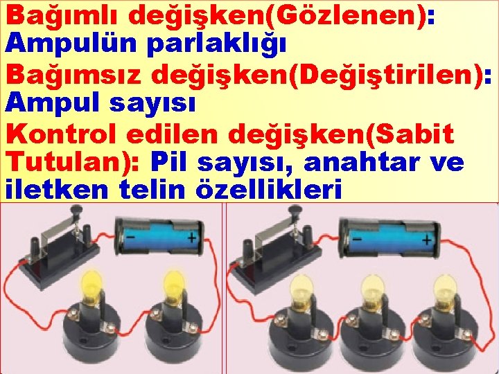 Bağımlı değişken(Gözlenen): Ampulün parlaklığı Bağımsız değişken(Değiştirilen): Ampul sayısı Kontrol edilen değişken(Sabit Tutulan): Pil sayısı,