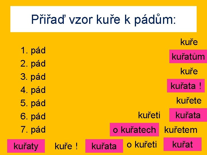 Přiřaď vzor kuře k pádům: kuře 1. pád 2. pád 3. pád 4. pád