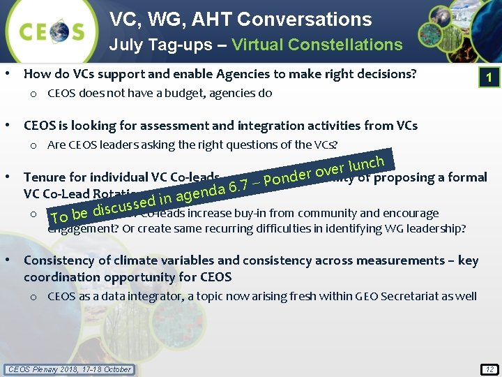 VC, WG, AHT Conversations July Tag-ups – Virtual Constellations • How do VCs support
