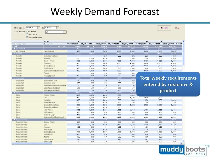 Weekly Demand Forecast Total weekly requirements entered by customer & product 