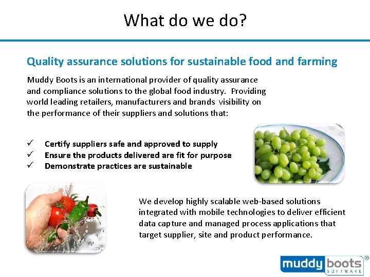 What do we do? Quality assurance solutions for sustainable food and farming Muddy Boots