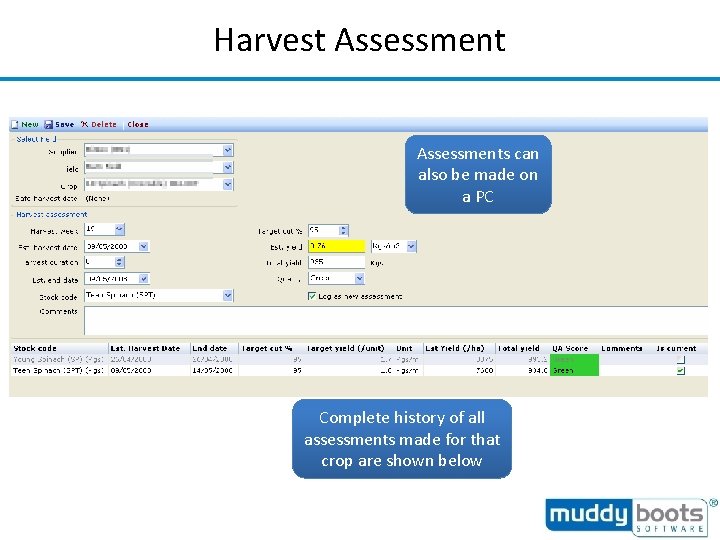 Harvest Assessments can also be made on a PC Complete history of all assessments