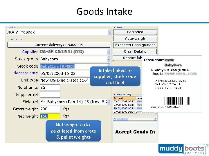 Goods Intake linked to supplier, stock code and field Net weight autocalculated from crate