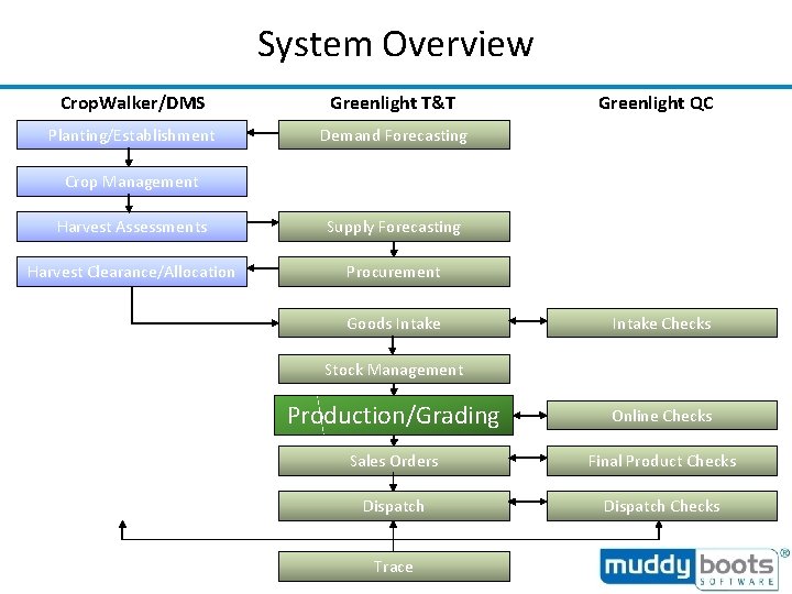 System Overview Crop. Walker/DMS Greenlight T&T Planting/Establishment Demand Forecasting Greenlight QC Crop Management Harvest