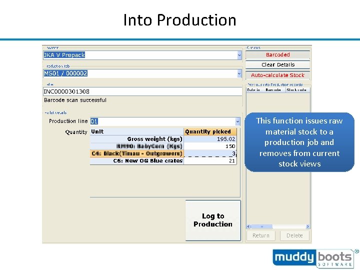 Into Production This function issues raw material stock to a production job and removes