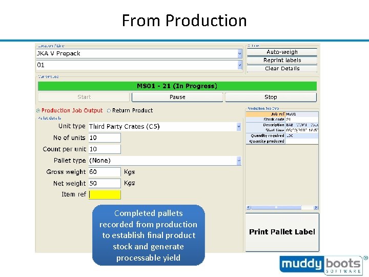 From Production Completed pallets recorded from production to establish final product stock and generate