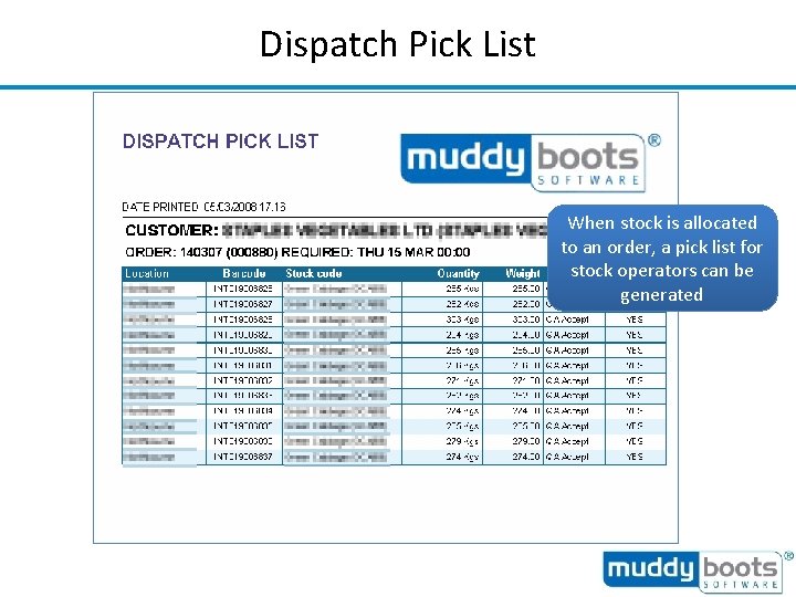 Dispatch Pick List When stock is allocated to an order, a pick list for