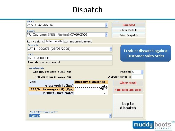 Dispatch Product dispatch against Customer sales order 