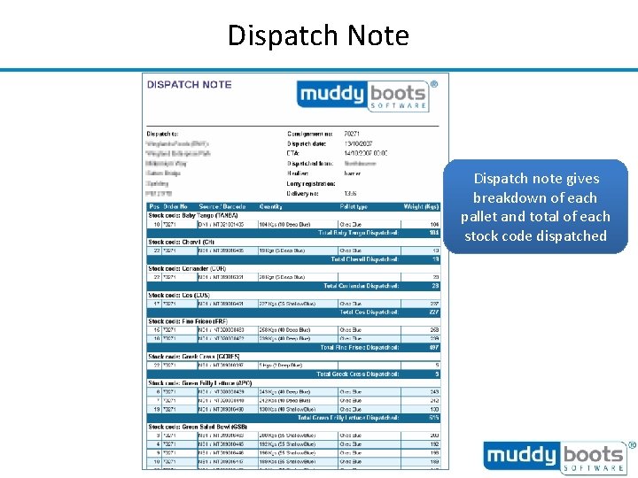 Dispatch Note Dispatch note gives breakdown of each pallet and total of each stock