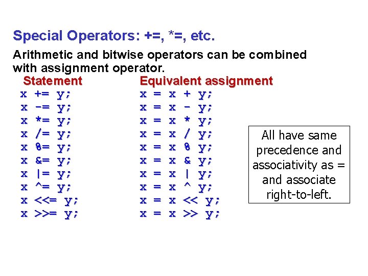 Special Operators: +=, *=, etc. Arithmetic and bitwise operators can be combined with assignment