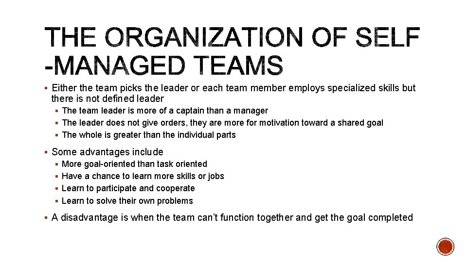 § Either the team picks the leader or each team member employs specialized skills