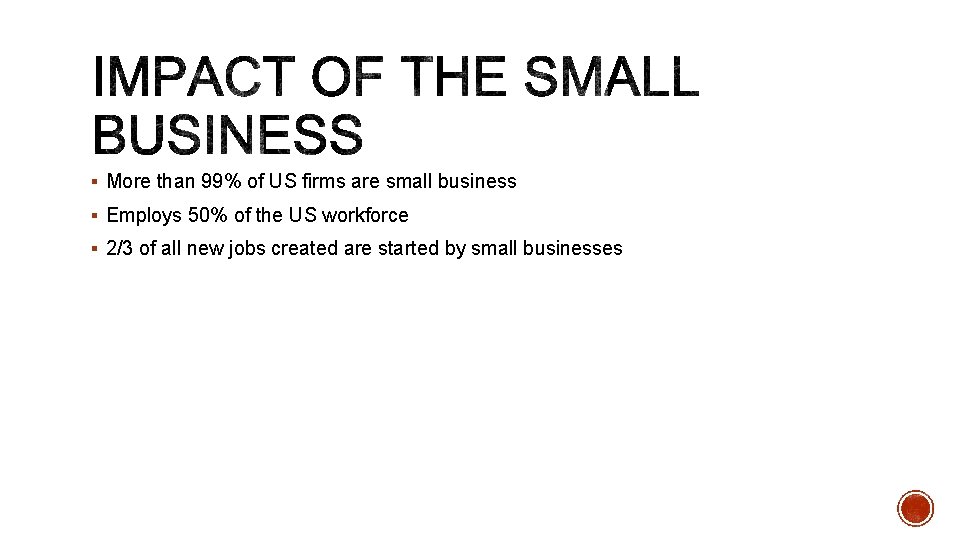 § More than 99% of US firms are small business § Employs 50% of